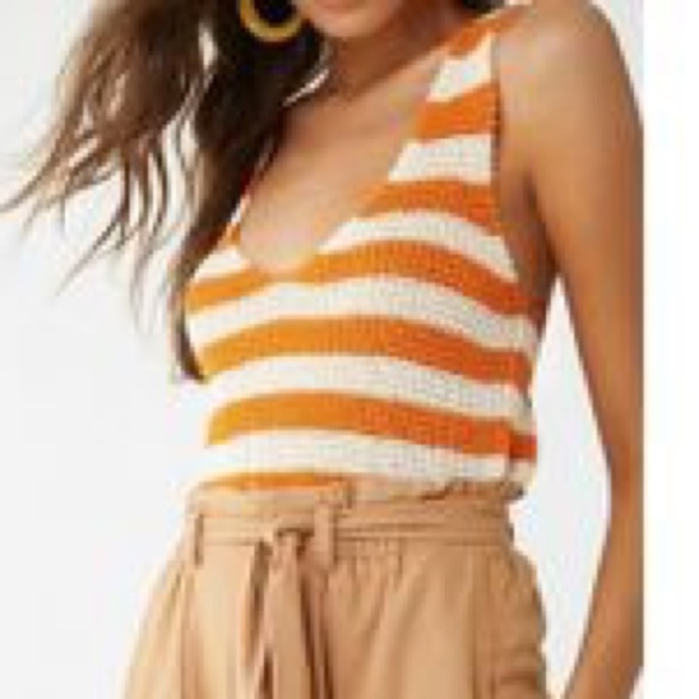 Forever 21 Contemporary Orange White Striped Knit Low Cut‎ Sweater Tank Sz Small